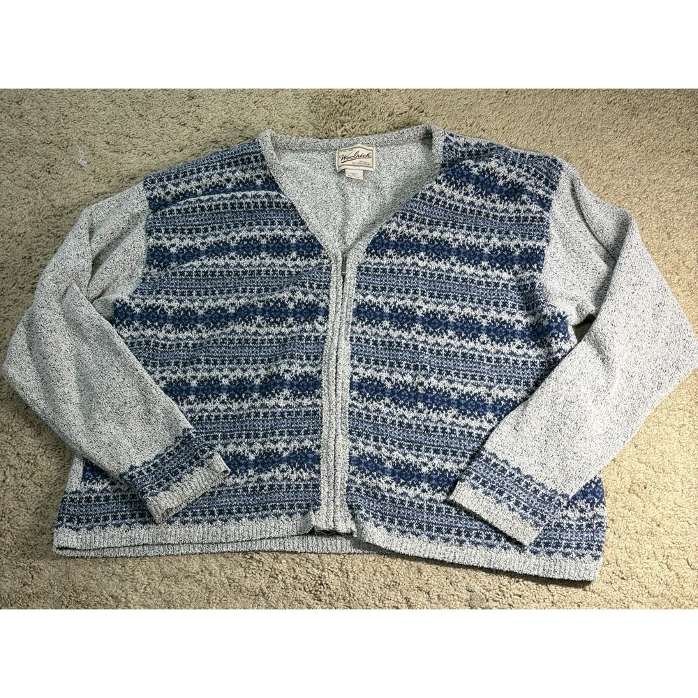 Woolrich Womens Cardigan Sweater XL‎ Fair Isle Blue Gray Zip Up Made USA